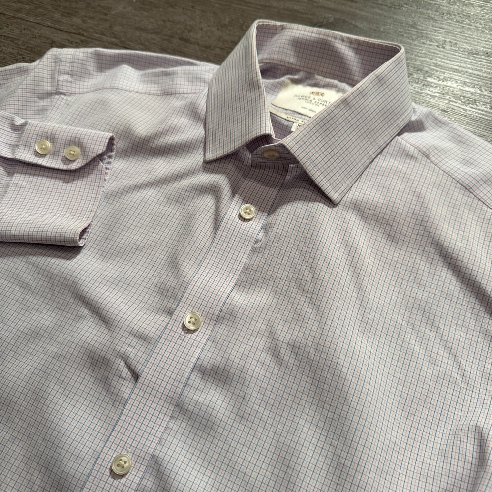 Hawes & Curtis Shirt‎ Mens 16 34 Blue Pink Plaid Cotton Extra Slim Fit Business